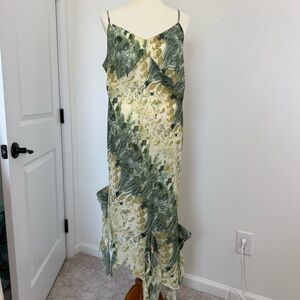 Y2K Abstract Print Asymmetrical Fairy Dress Ruffled Whimsical Green Yellow